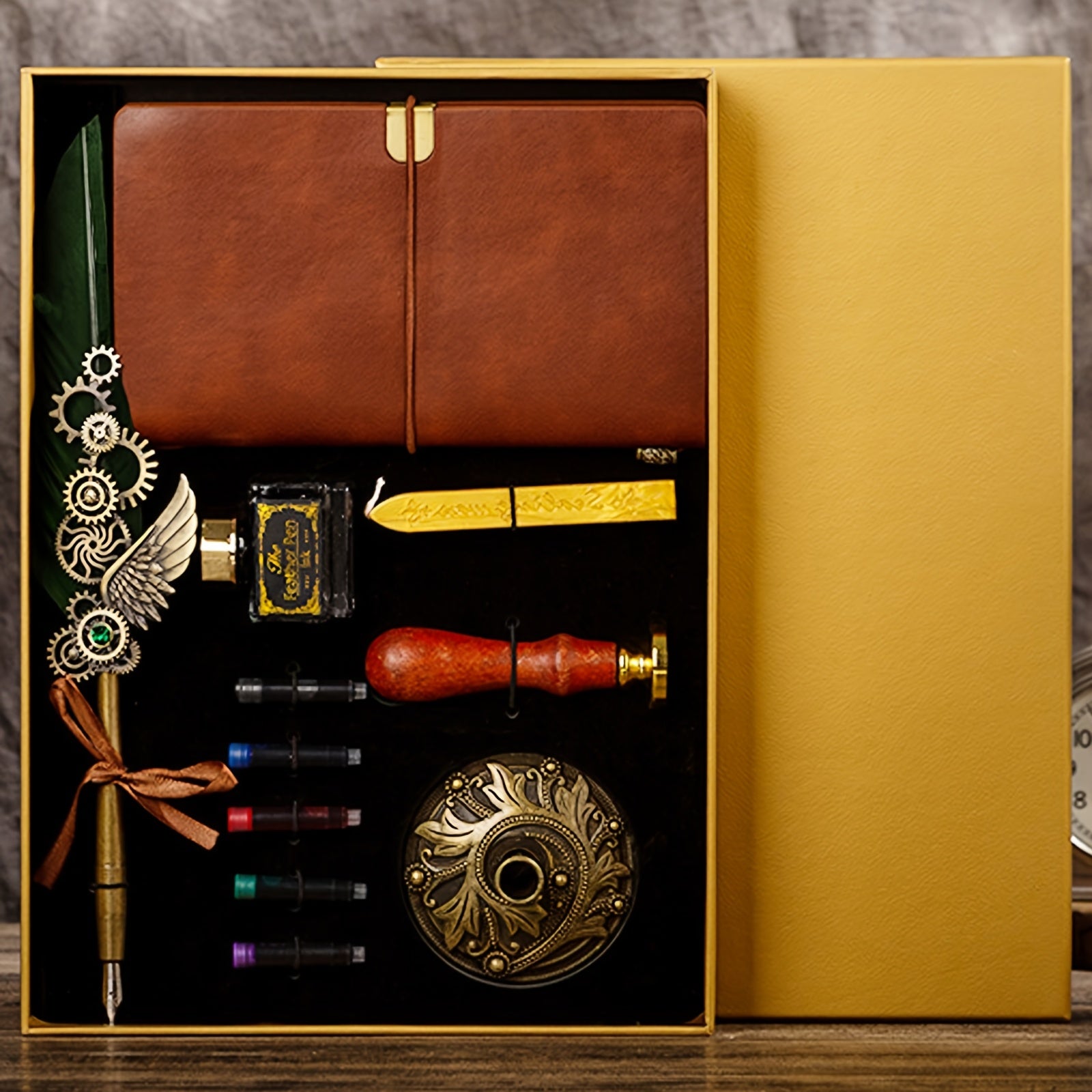Feather Pen Ink Gift Box Set with Notebook And Wax Seal.