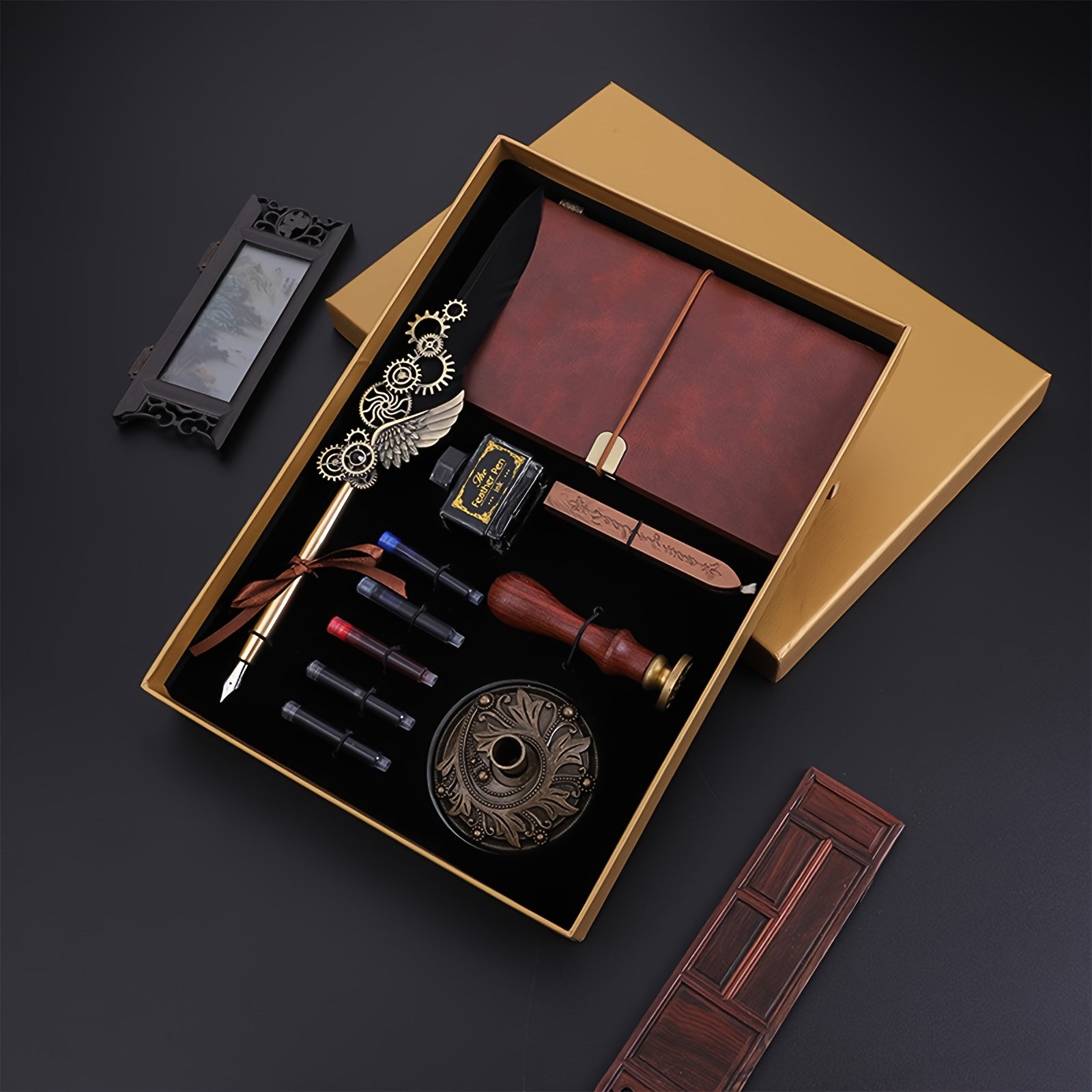 Feather Pen Ink Gift Box Set with Notebook And Wax Seal.