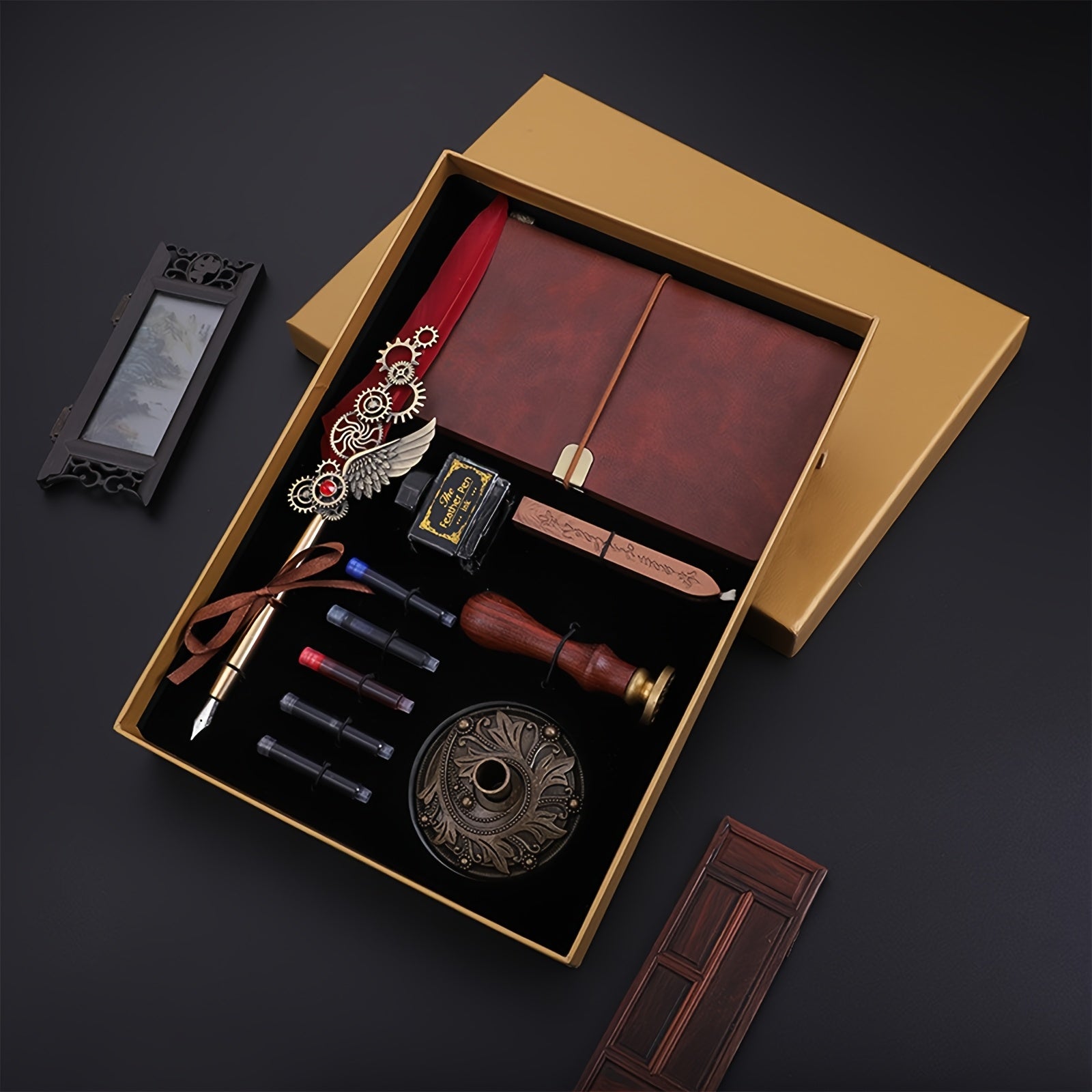 Feather Pen Ink Gift Box Set with Notebook And Wax Seal.