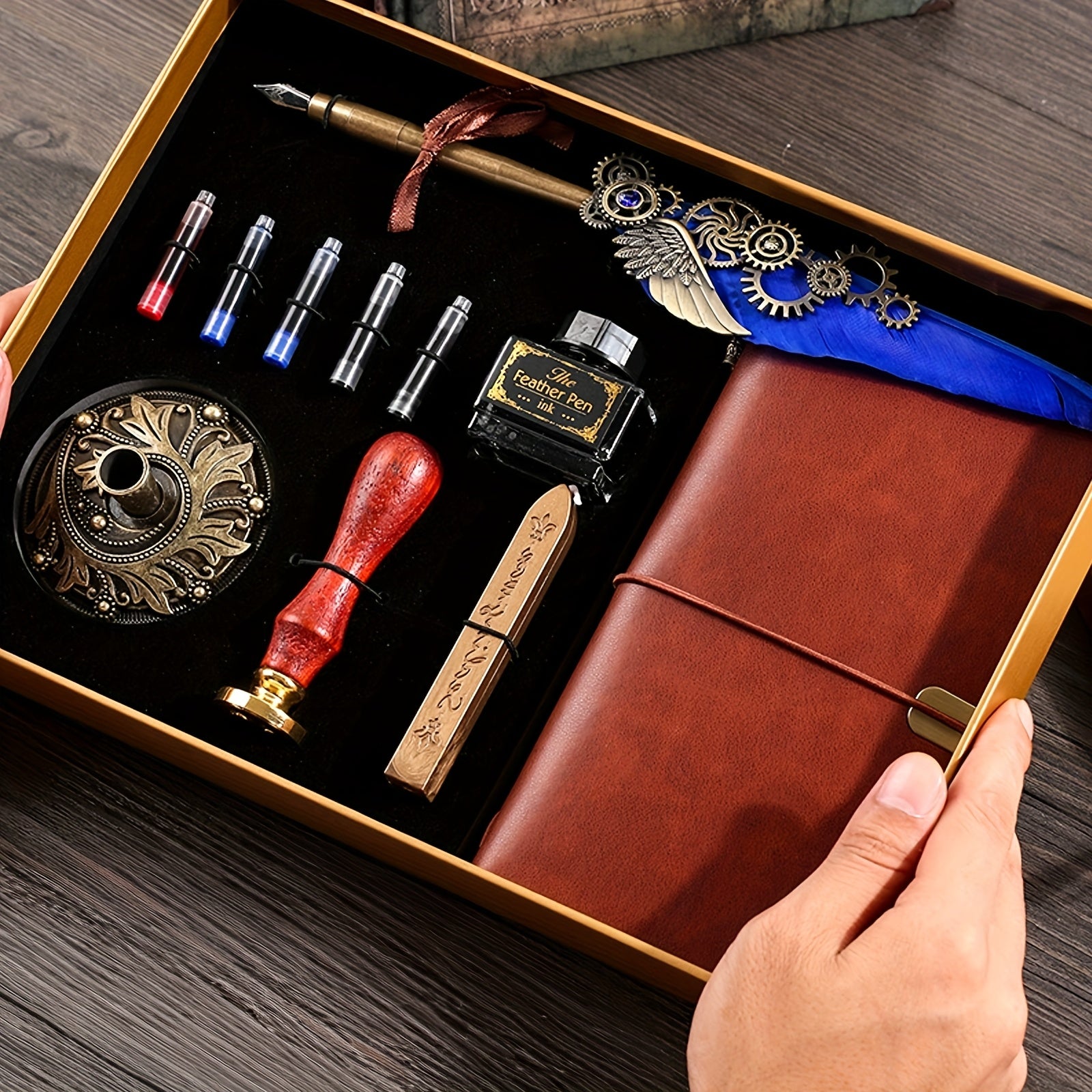 Feather Pen Ink Gift Box Set with Notebook And Wax Seal.