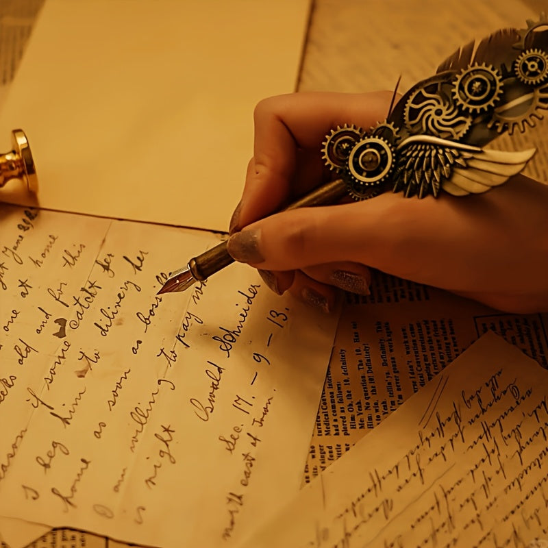 Feather Pen Ink Gift Box Set with Notebook And Wax Seal.