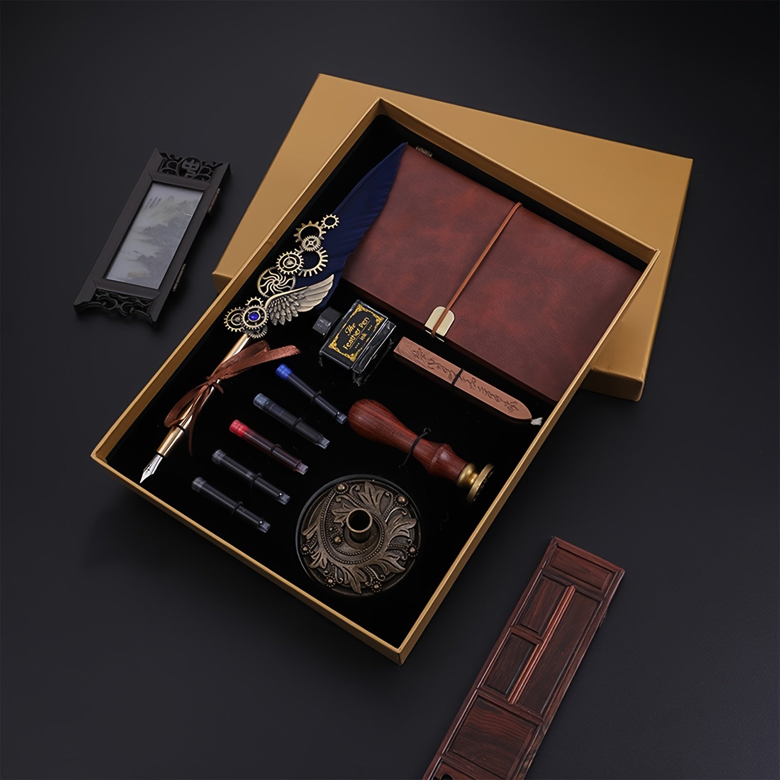 Feather Pen Ink Gift Box Set with Notebook And Wax Seal.