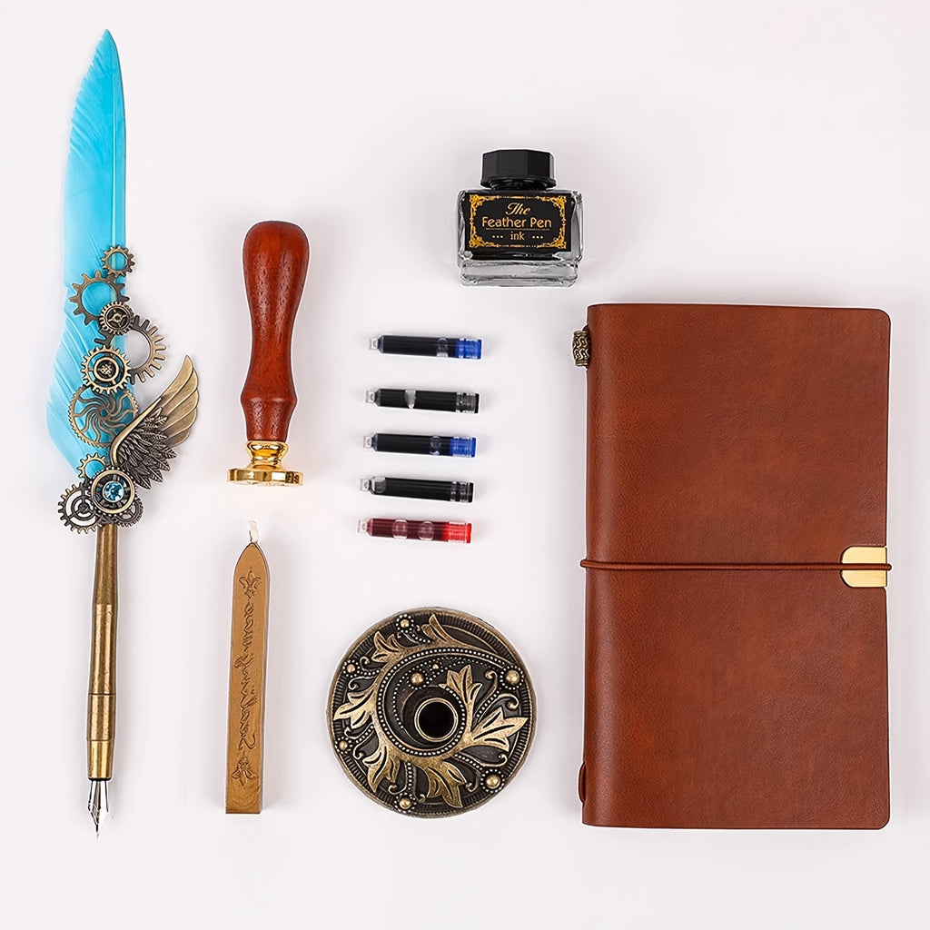 Feather Pen Ink Gift Box Set with Notebook And Wax Seal.