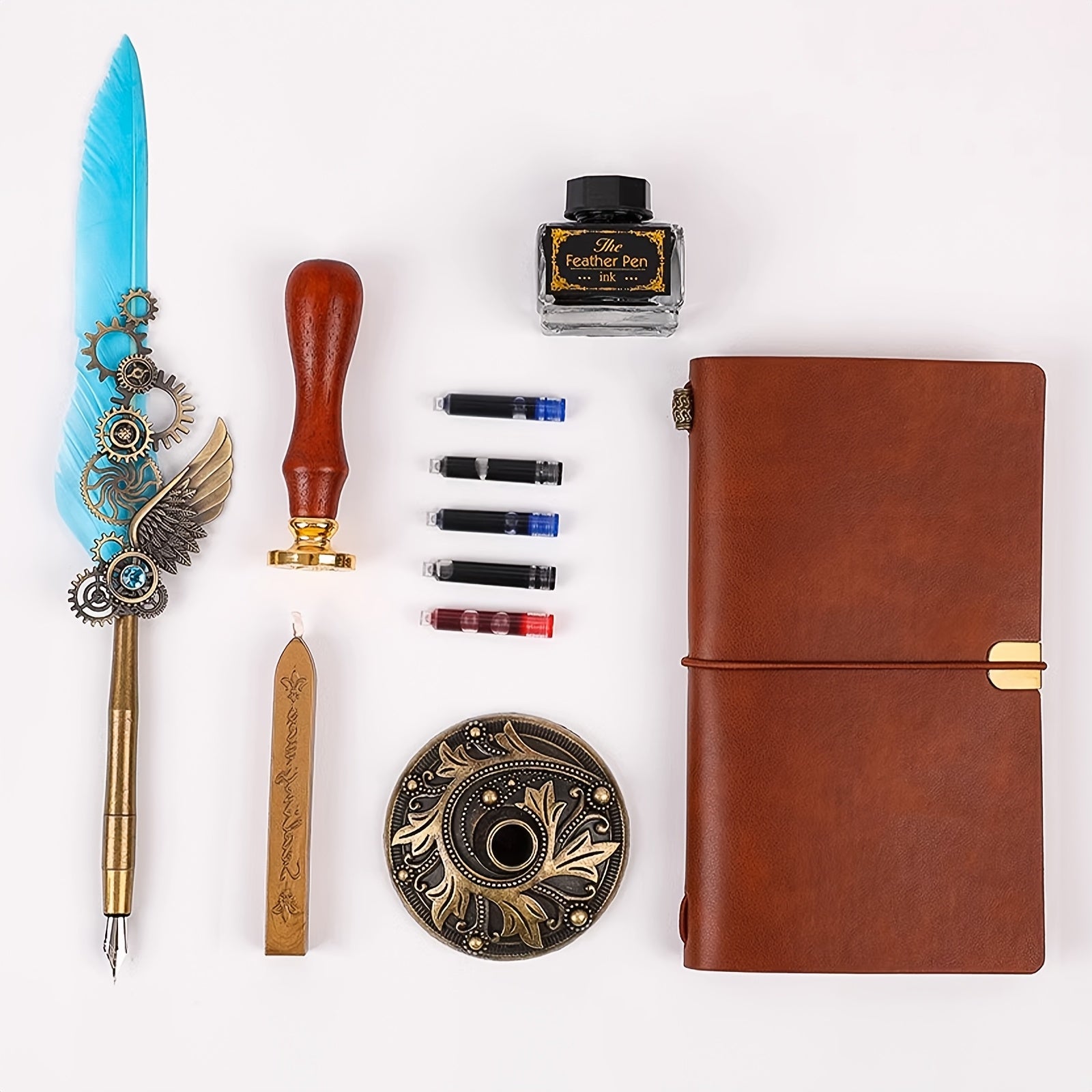 Feather Pen Ink Gift Box Set with Notebook And Wax Seal.