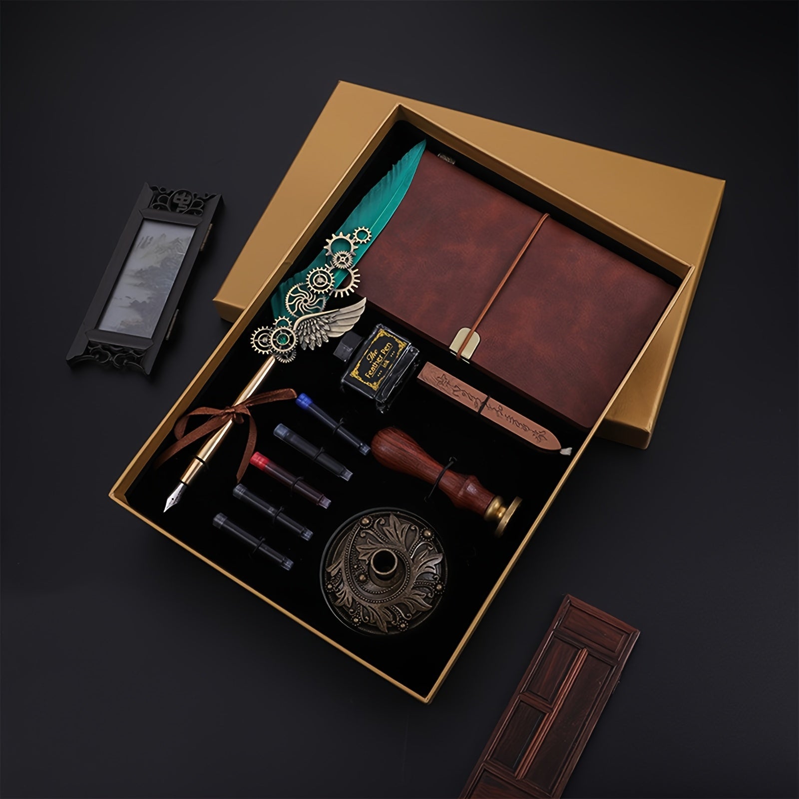 Feather Pen Ink Gift Box Set with Notebook And Wax Seal.