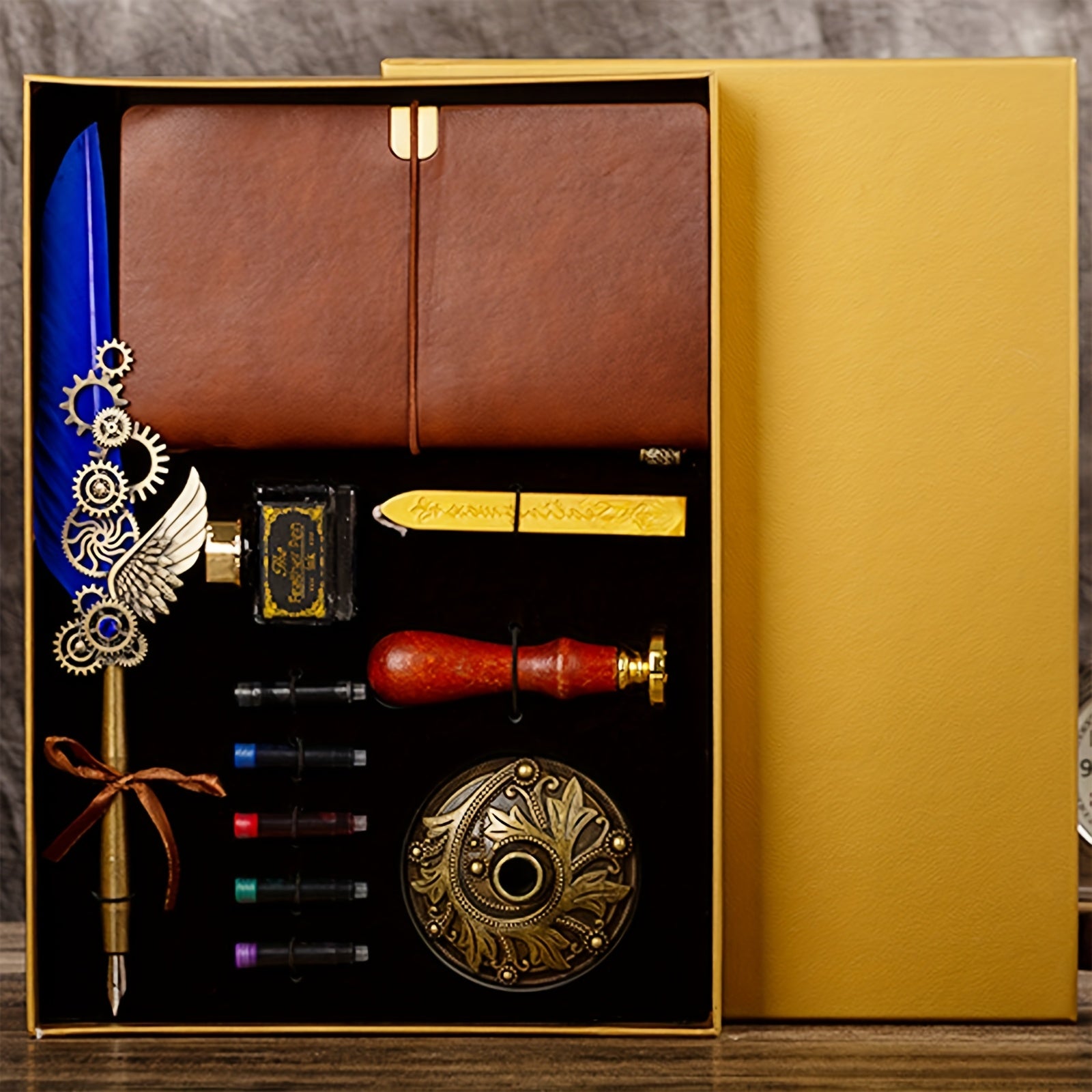 Feather Pen Ink Gift Box Set with Notebook And Wax Seal.