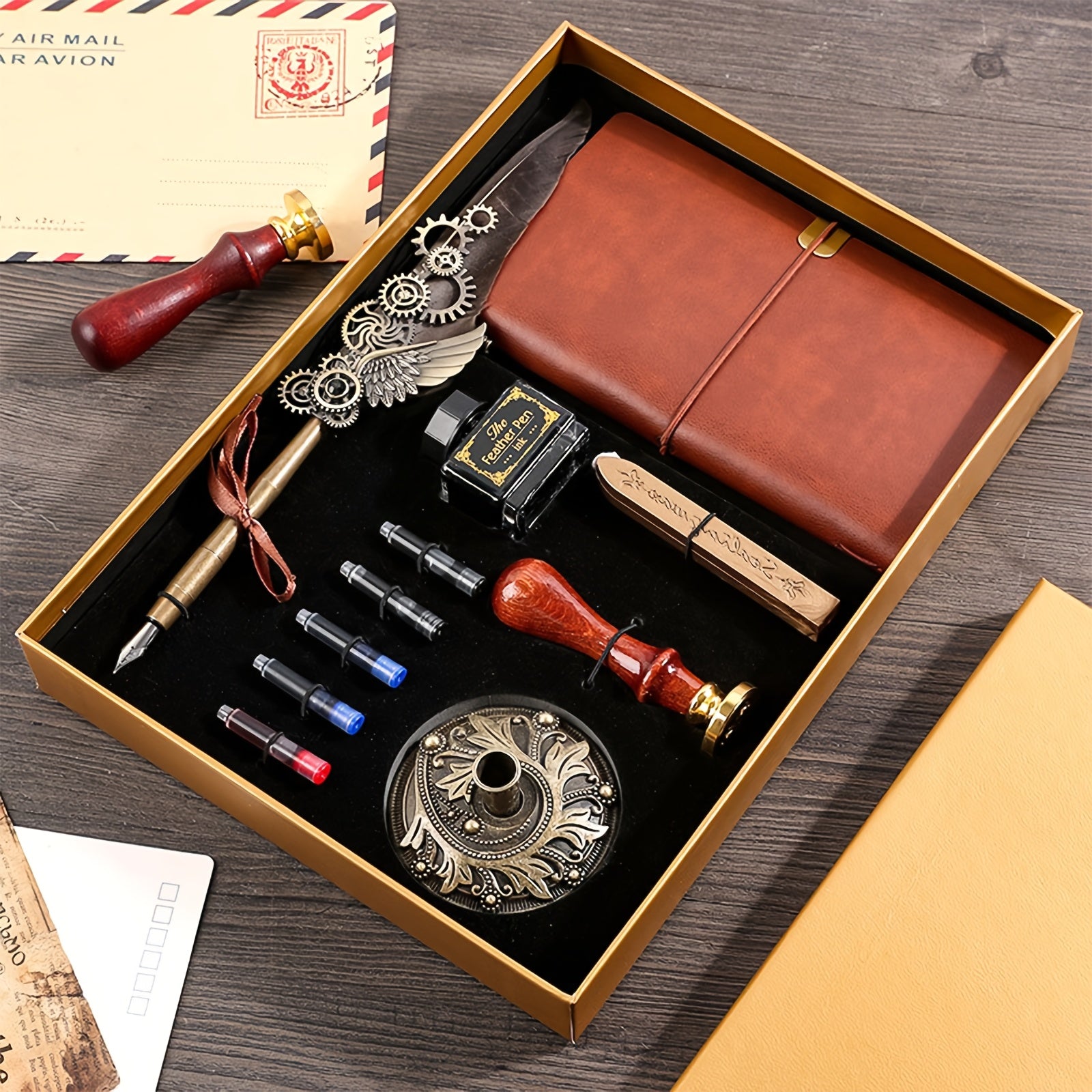 Feather Pen Ink Gift Box Set with Notebook And Wax Seal.