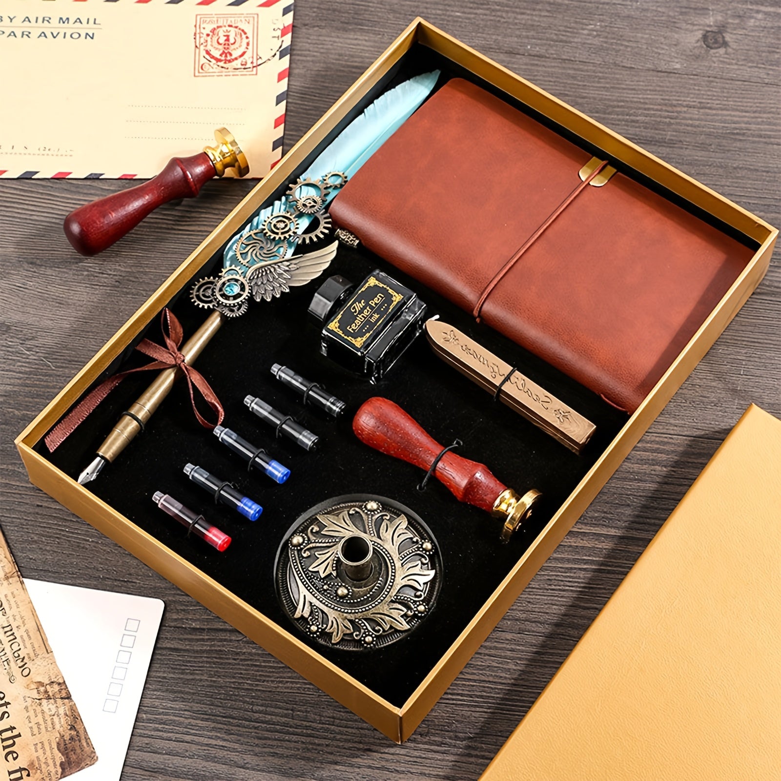 Feather Pen Ink Gift Box Set with Notebook And Wax Seal.