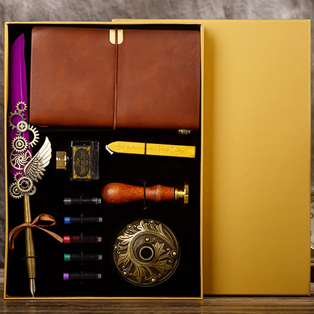 Feather Pen Ink Gift Box Set with Notebook And Wax Seal.