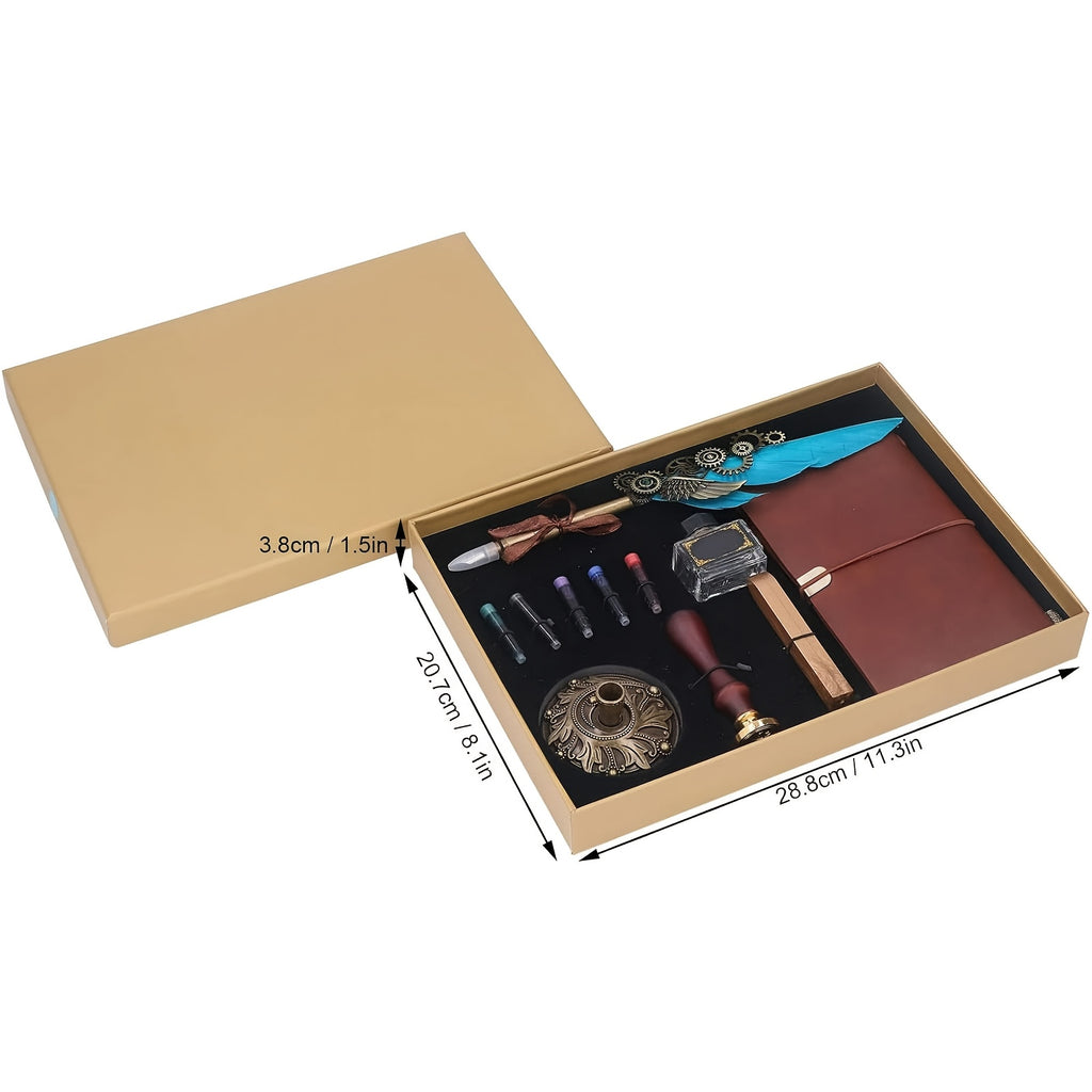 Feather Pen Ink Gift Box Set with Notebook And Wax Seal.