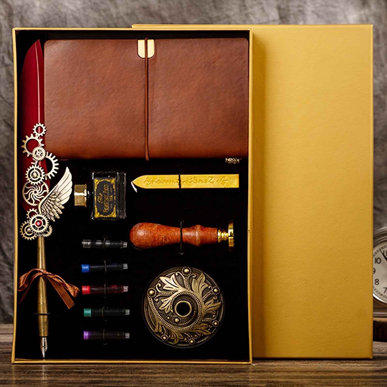Feather Pen Ink Gift Box Set with Notebook And Wax Seal.