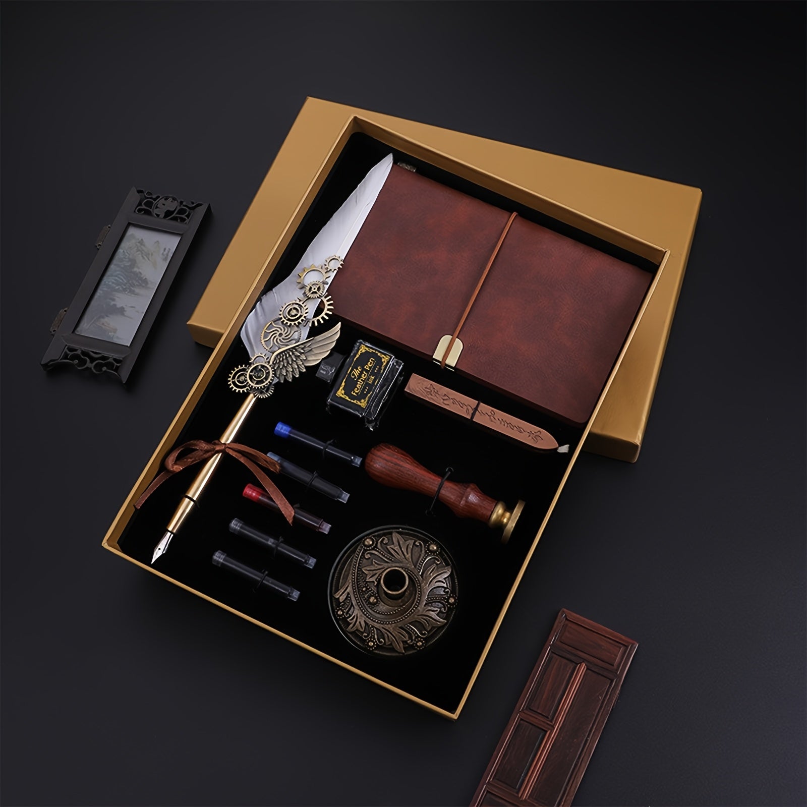 Feather Pen Ink Gift Box Set with Notebook And Wax Seal.