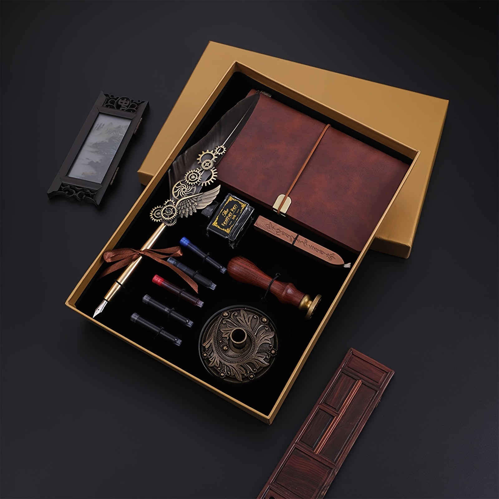 Feather Pen Ink Gift Box Set with Notebook And Wax Seal.